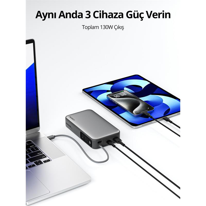 AUKEY PB-Y48-GY 100W 20000 MAH PD DAHİLİ TYPE-C KABLOLU POWERBANK